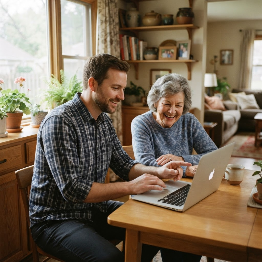 A friendly local technician patiently helping a smiling older adult with a laptop at their kitchen table.